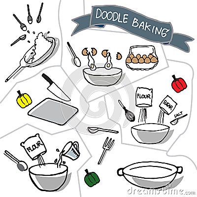 Set of cooking step illustration on white background. scene of cooking. set of cooking tutorial. hand drawn vector. pouring eggg, Vector Illustration