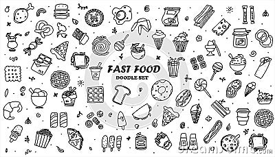 Doodle food set of 50 various fast-food products. Hand-drawn sweets, desserts, snacks, popcorn, American food and Vector Illustration