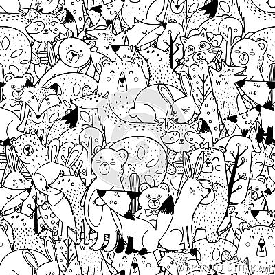 Doodle forest animals black and white seamless pattern. Funny coloring page Vector Illustration