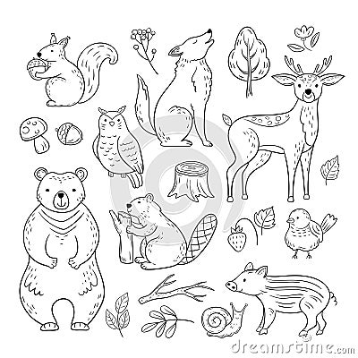Doodle forest animals. Woodland cute baby animal squirrel wolf owl bear deer snail childrens sketch vector hand drawn Vector Illustration
