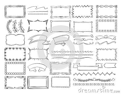 Doodle frame borders, hand drawn ribbon banners and sketch design decoration elements vector set Vector Illustration