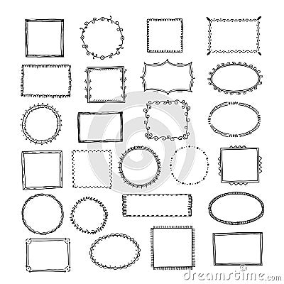 Doodle frames. Square borders sketch lines hand drawn round picture empty frame vintage vector set Vector Illustration