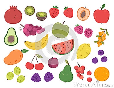 Doodle fruit and berry. Abstract berries, strawberry juicy plants. Ripe raspberry blackberry dessert, fruits vitamins Vector Illustration