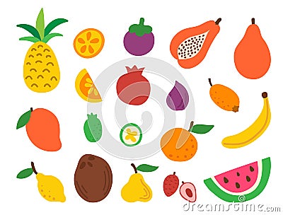 Doodle fruit set isolated on white background. Natural tropical fruits. Hand drawn organic food. Healthy fresh salad Vector Illustration