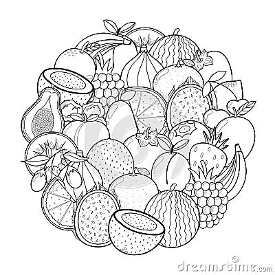 Doodle fruits circle shape pattern for coloring book. Food mandala coloring page Vector Illustration