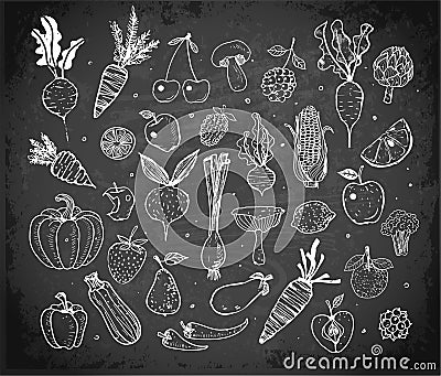 Doodle fruits and vegetables on blackboard background. Vector sketch illustration Vector Illustration