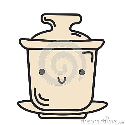 Doodle gaiwan with tea ceremony face. Kawaii character Vector Illustration