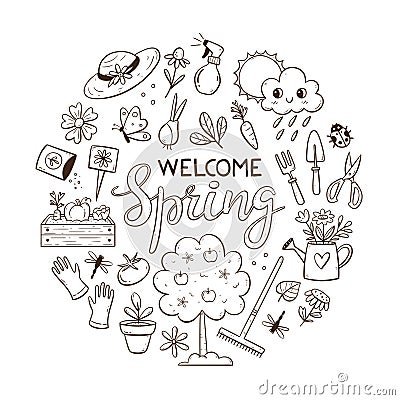 Doodle Gardening Spring Elements Background Vector Illustration