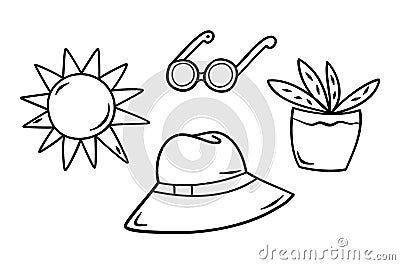 Doodle gardening vector elements. Sun, hat, sunglasses, pot plant. Hand drawn spring or summer accessories Vector Illustration