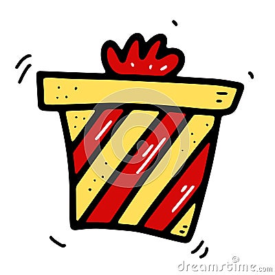 Doodle Gift sticker. Hand drawn striped present Vector Illustration