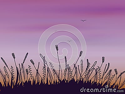 Doodle grass at sunset Vector Illustration