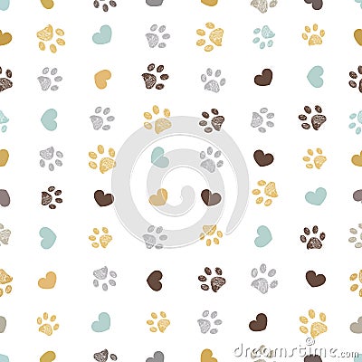 Doodle grey, yellow, turquoise small paw prints with hearts seamless fabric design pattern vector Vector Illustration