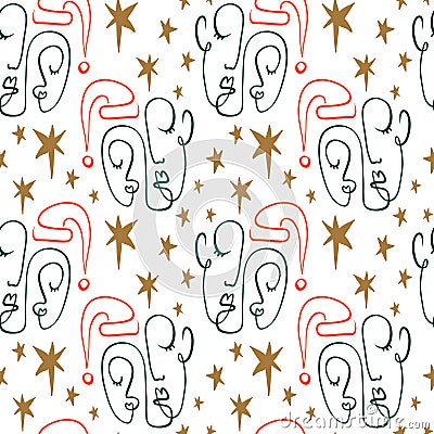 Doodle Groovy Santa Line Art Xmas New Year Hippie Seamless Pattern Gifts Paper Background Vector Illustration
