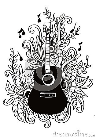 Doodle guitar with floral ornament. Stock Photo