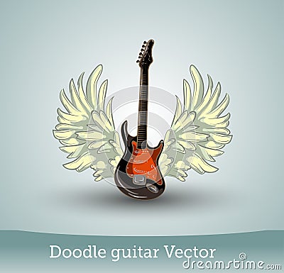 Doodle guitar with wings isolated on white background. Vector Vector Illustration
