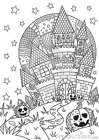 Doodle Halloween coloring book page spooky castle and halloween pumpkins on the full moon. Antistress for adults and children in Stock Photo
