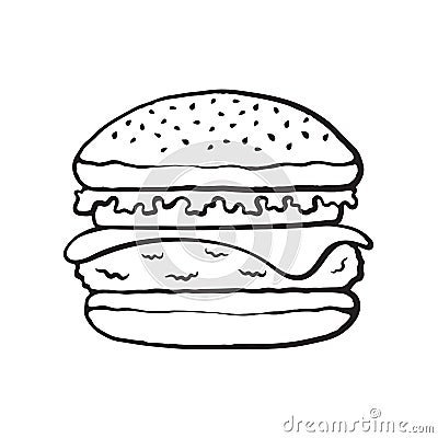 Doodle of hamburger with cheese, tomato and salad Vector Illustration