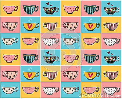 Doodle hand drawing coffee cups in different designs on colour vintage background pattern seamless Vector Illustration