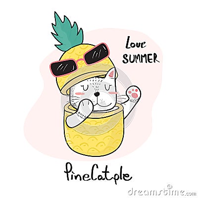 doodle hand drawing cute cat peeking throught a pineapple, pinecatple Vector Illustration