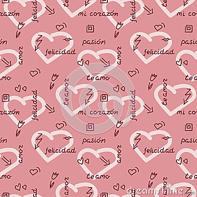 Doodle hand drawing seamless pattern on pink background . Words, phrases of love in Spanish, hearts, arrows, flowers, squiggles Cartoon Illustration
