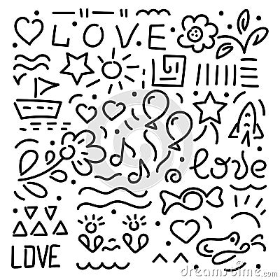 Doodle hand drawing vector illustration. Words of love, hearts, flowers, stars, balloons, design elements on a white background Cartoon Illustration