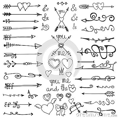 Doodle hand drawn arrows, hearts, elements. Valentine Vector Illustration