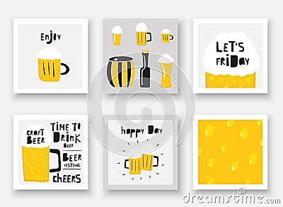 Doodle hand drawn beer collection. Alcohol drink in mug, barrel, bottle Vector Illustration