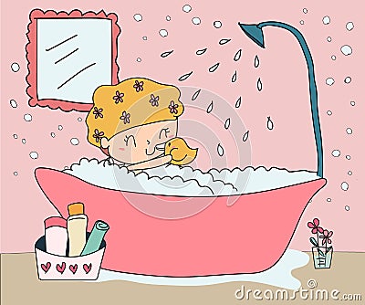 Doodle hand drawn happy girl take shower in bathtub Stock Photo