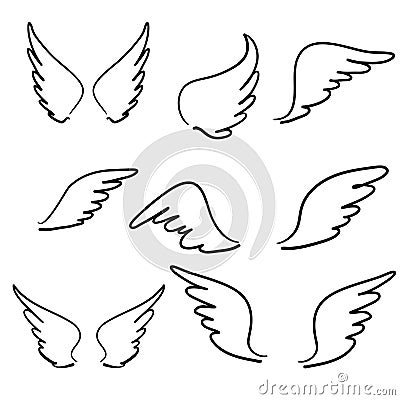 Doodle hand drawn Sketch angel wings. Angel feather wing, bird tattoo silhouette. Linear fly winged angels, flying heaven cartoon Vector Illustration