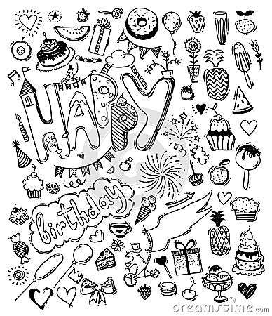 Doodle hand drawn sketch, set of happy birthday design elements. Fruit, cake, balloons, holiday decorations. Vector Illustration