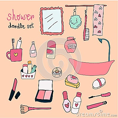 Doodle hand drawn take shower girl set Stock Photo