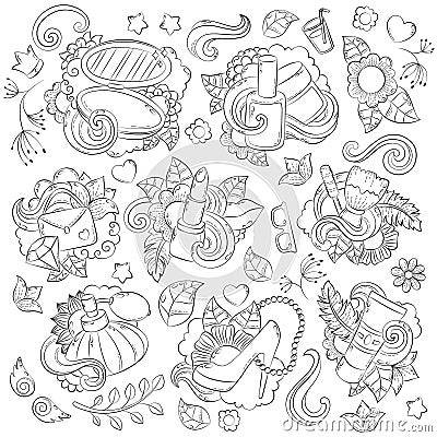 Doodle hand drawn vector abstract background, texture, pattern, wallpaper, backdrop. Collection of beauty salon Vector Illustration