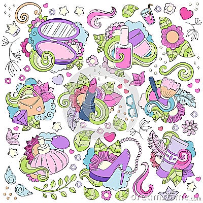 Doodle hand drawn vector abstract background, texture, pattern, wallpaper, backdrop. Collection of beauty salon Vector Illustration