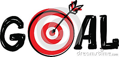 Doodle hand drawn Word Goal with Dartboard target and arrow symbol instead of letter O isolated on white background Vector Illustration