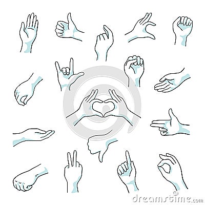 Doodle hand gestures. Finger fist and arm sketch line signs, numbers thumb up and like gestures. Vector hand drawn Vector Illustration