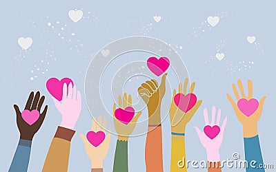 Doodle hands up. Hands holding a heart symbol. Concept of charity and donation Vector Illustration