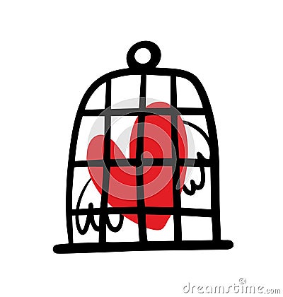 Doodle heart with bird wings sitting in the cage as prisoner. Vector illustration of romantic love in captivity. Vector Illustration