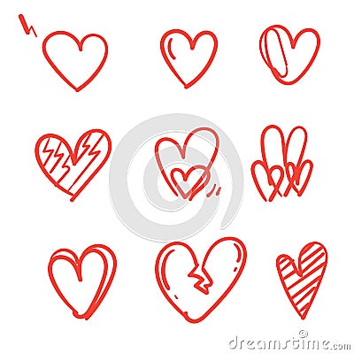 Doodle heart collection with red color handdrawn style vector Vector Illustration
