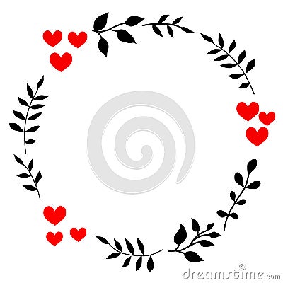 Doodle heart and leaf circle frame on a black background. Wreath of leaves. Ready template for design, postcards, printing. Stock Photo