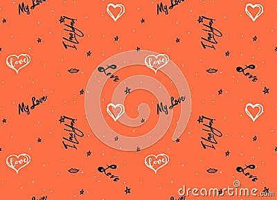 Doodle heart and love lettering vector seamless red color texture. Pattern for valentine card design. Love clipart Vector Illustration