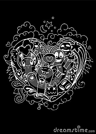 Doodle heart shape and doodles Monsters sketch. Vector Cartoon Illustration