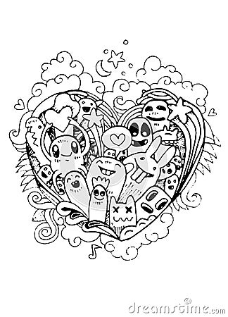 Doodle heart shape and doodles Monsters sketch. Vector Vector Illustration