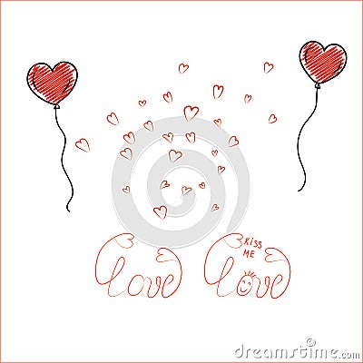 Doodle heart shaped balloons with lettering on white background. Vector Illustration