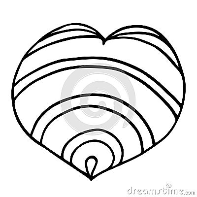 Doodle heart with striped ornament, black isolated vector, outline drawing. Saint Valentins day. Vector Illustration