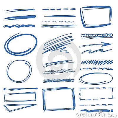 Doodle highlighter vector elements, sketch circles, hand drawn underline, pencil marks Vector Illustration