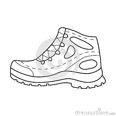 Doodle Hiking shoes. A blue shoe for tourist trips with a special tread on the sole. Equipment for tourism, travel Vector Illustration