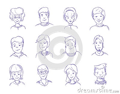 Doodle human heads, hand drawn adult portraits, sketch people characters vector set Vector Illustration