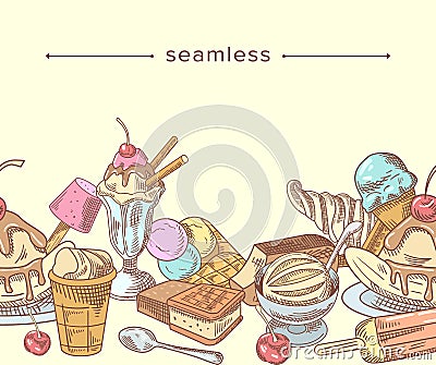 Doodle Ice Cream, Sketch Frozen Creamy Dessert Seamless Pattern, Gelato Icecream, Wafer Cone, Caramel Eskimo, Chocolate Vector Illustration