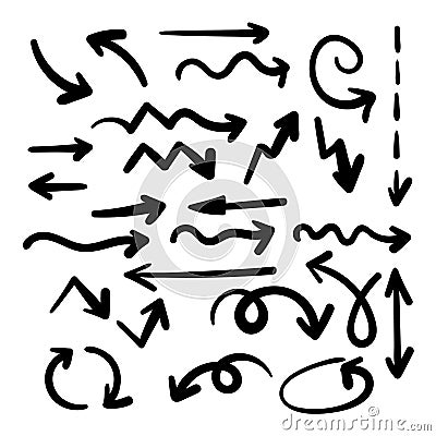 Doodle icon arrows set. Multiple types of lines: wavy, zig zag, beeline, loop. Black color. Vector illustration, flat design Vector Illustration