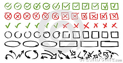 Doodle icon set. Check mark hand drawn with different circle arrows, circles, squares and underlines. Vector illustration Vector Illustration